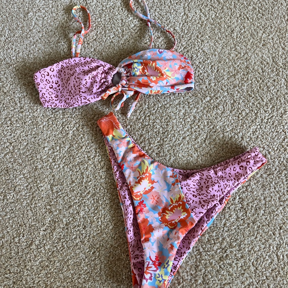 Patchwork high waisted cheeky bikini set